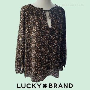 🍀Lucky Brand Women's Black, Tan & Gray Floral Blouse. Large. NWT